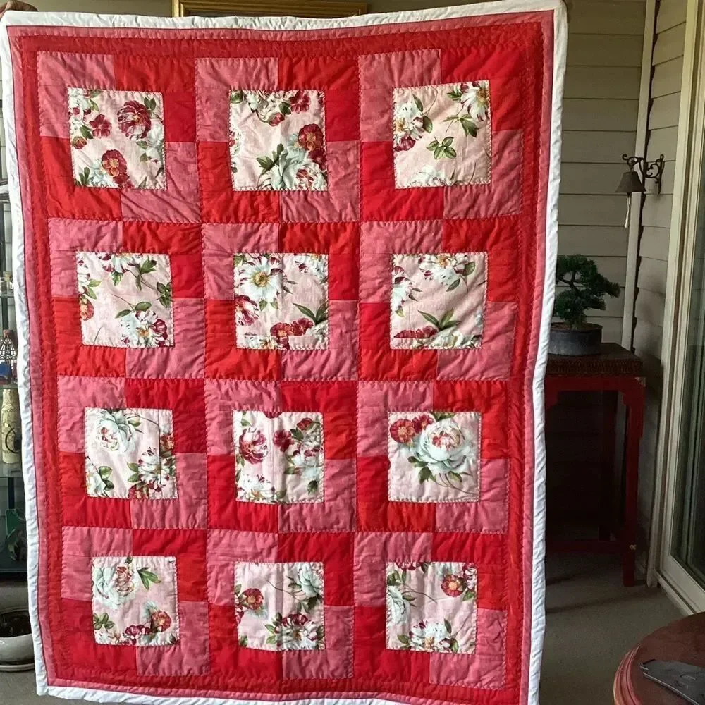 NWT. Floral Red and Pink Peonies Hand Crafted Quilt